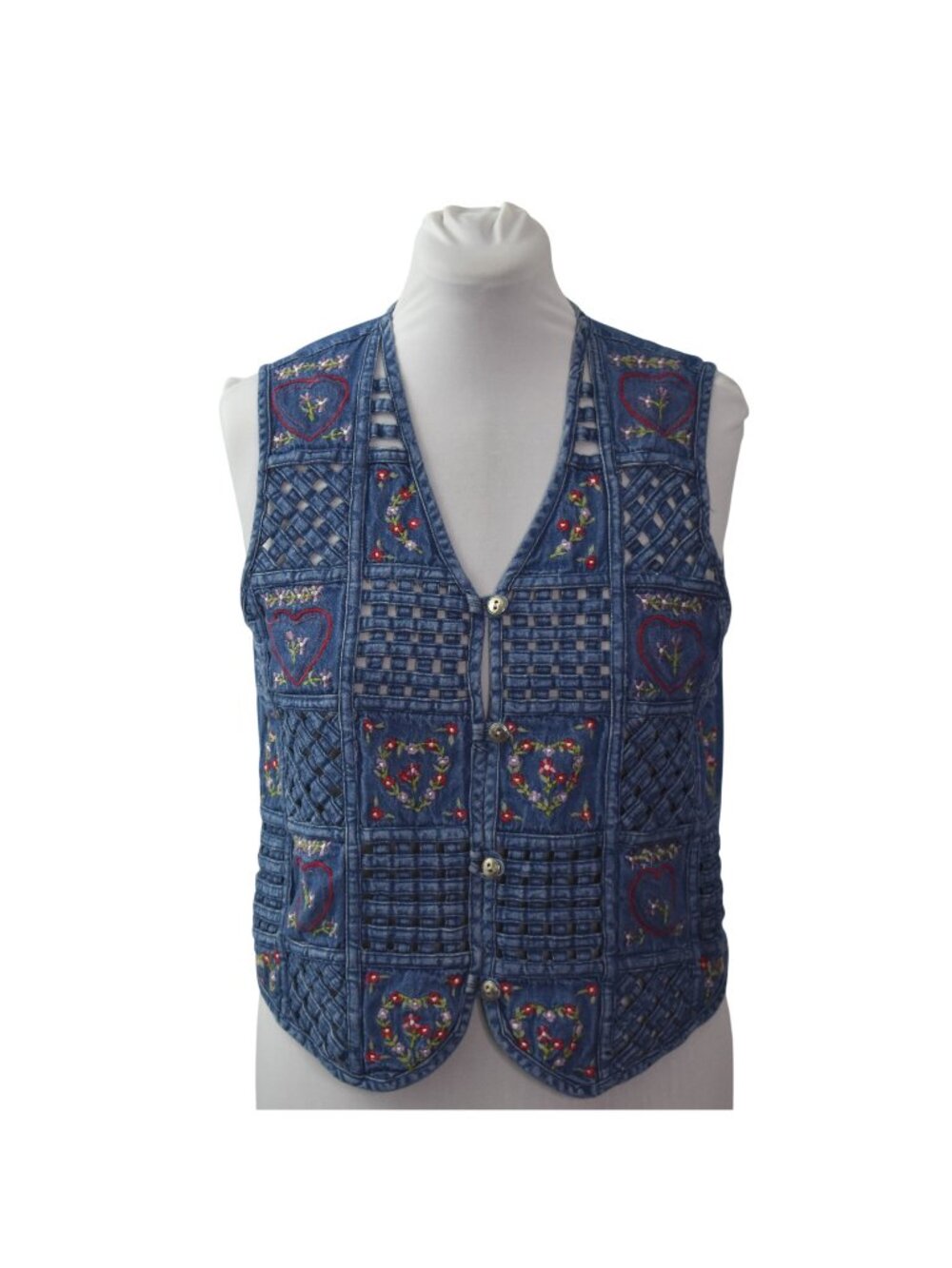 Vtg 90s Bobbie Brooks Embroidered Denim Patchwork Vest M Floral Cottagecore